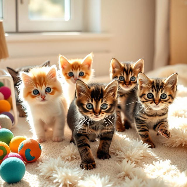 A collection of adorable kittens playing together in a bright, sunny room