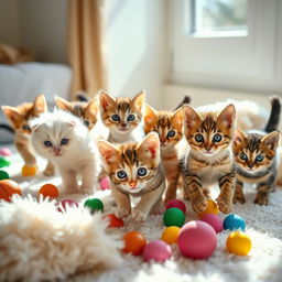 A collection of adorable kittens playing together in a bright, sunny room