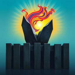 An abstract representation of a barrier preventing upward movement, featuring a visually striking combination of dark, angular shapes and vibrant, swirling colors above them, symbolizing ambition and desire