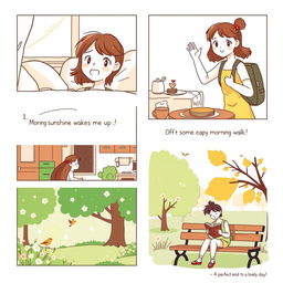 A storyboard featuring a simple slice-of-life story across 5 panels, showcasing a character's day from morning to evening