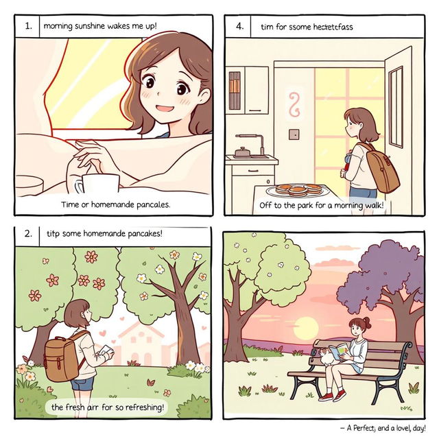 A storyboard featuring a simple slice-of-life story across 5 panels, showcasing a character's day from morning to evening