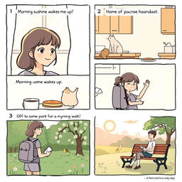 A storyboard featuring a simple slice-of-life story across 5 panels, showcasing a character's day from morning to evening