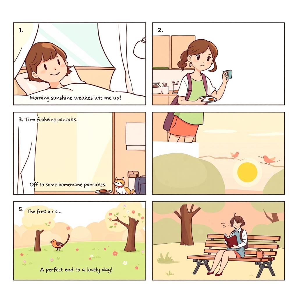 A storyboard featuring a simple slice-of-life story across 5 panels, showcasing a character's day from morning to evening