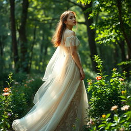 A graceful young woman in an elegant flowing gown, standing amidst a lush green forest