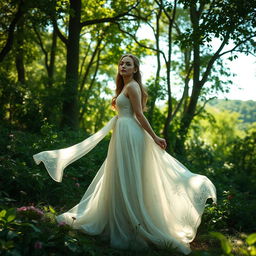 A graceful young woman in an elegant flowing gown, standing amidst a lush green forest