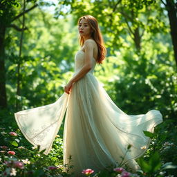 A graceful young woman in an elegant flowing gown, standing amidst a lush green forest