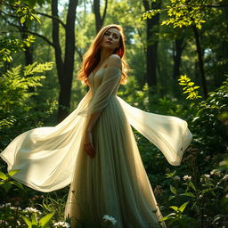 A graceful young woman in an elegant flowing gown, standing amidst a lush green forest