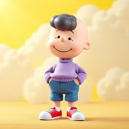 A Peanuts character wearing a light purple sweater, blue denim pants, and red shoes with white tips, sporting a relaxed demeanor and a subtle smile on their face