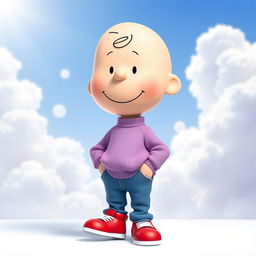 A Peanuts character wearing a light purple sweater, blue denim pants, and red shoes with white tips, sporting a relaxed demeanor and a subtle smile on their face
