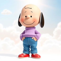 A Peanuts character wearing a light purple sweater, blue denim pants, and red shoes with white tips, sporting a relaxed demeanor and a subtle smile on their face