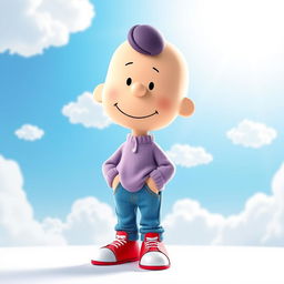 A Peanuts character wearing a light purple sweater, blue denim pants, and red shoes with white tips, sporting a relaxed demeanor and a subtle smile on their face