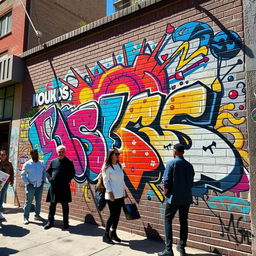 A vibrant and dynamic street art mural featuring a blend of urban elements and abstract designs, showcasing a colorful explosion of graffiti styles with bold lettering and intricate patterns