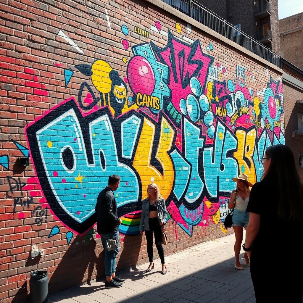 A vibrant and dynamic street art mural featuring a blend of urban elements and abstract designs, showcasing a colorful explosion of graffiti styles with bold lettering and intricate patterns