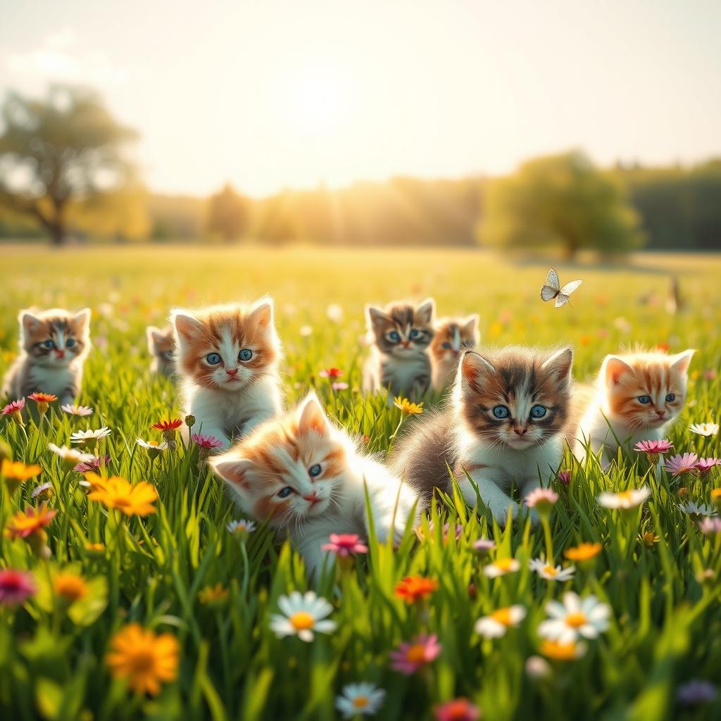 A delightful scene of cute kittens playfully exploring a vibrant green meadow filled with colorful wildflowers