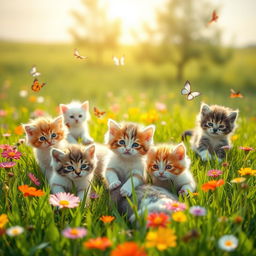 A delightful scene of cute kittens playfully exploring a vibrant green meadow filled with colorful wildflowers