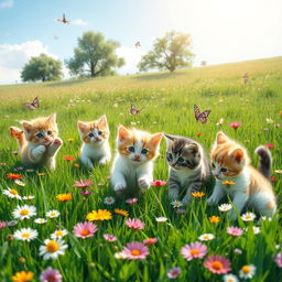 A delightful scene of cute kittens playfully exploring a vibrant green meadow filled with colorful wildflowers