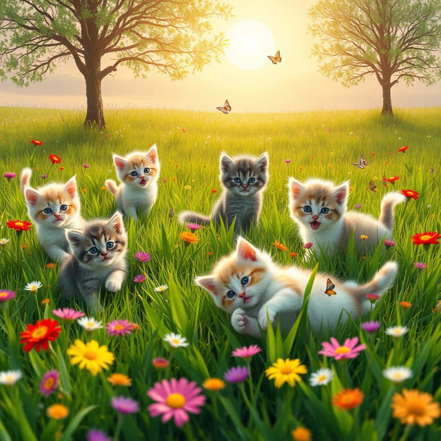 A delightful scene of cute kittens playfully exploring a vibrant green meadow filled with colorful wildflowers