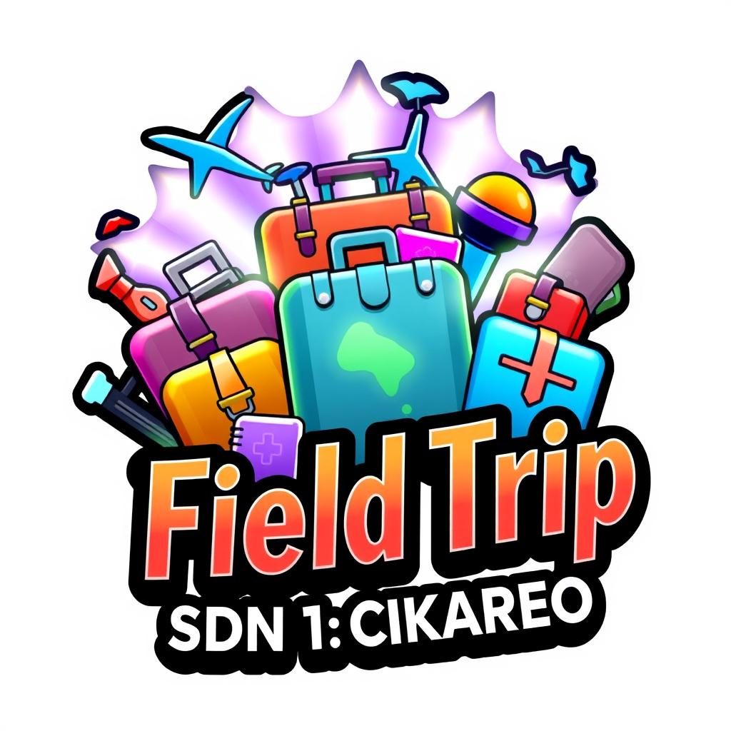 A vibrant 3D gaming logo featuring a travel-themed design with elements such as suitcases, airplanes, and passports, arranged dynamically