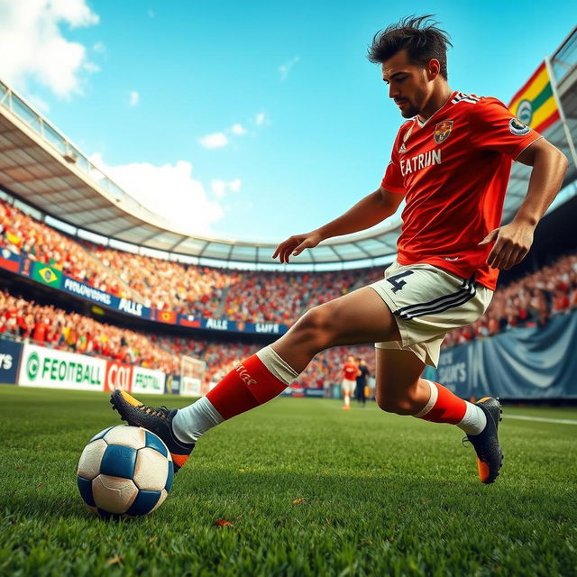 A vibrant, high-energy scene featuring a soccer player resembling a famous athlete, dribbling a soccer ball on a lush green pitch