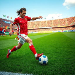 A vibrant, high-energy scene featuring a soccer player resembling a famous athlete, dribbling a soccer ball on a lush green pitch