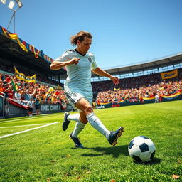 A vibrant, high-energy scene featuring a soccer player resembling a famous athlete, dribbling a soccer ball on a lush green pitch