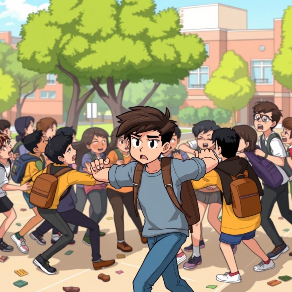 An animated scene depicting a student fight (tawuran) among high school students in an urban setting