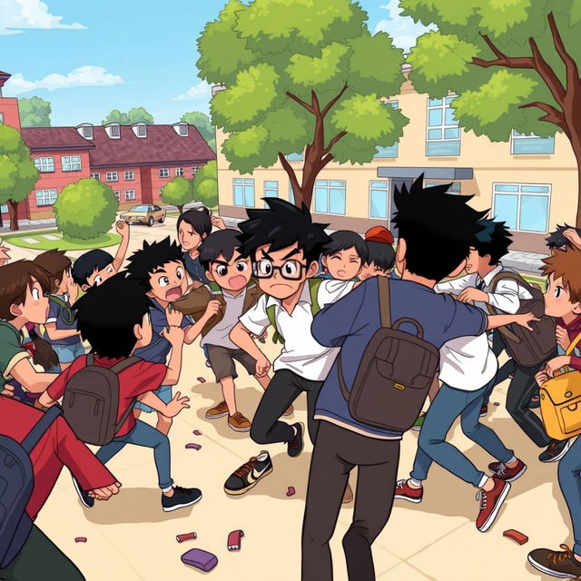 An animated scene depicting a student fight (tawuran) among high school students in an urban setting