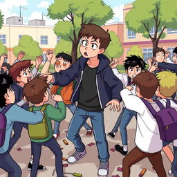 An animated scene depicting a student fight (tawuran) among high school students in an urban setting
