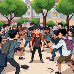 An animated scene depicting a student fight (tawuran) among high school students in an urban setting