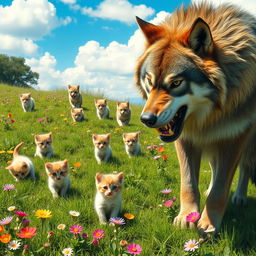 A picturesque scene featuring cute kittens playfully frolicking in a lush green meadow, full of vibrant flowers and soft grass