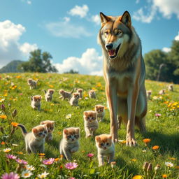 A picturesque scene featuring cute kittens playfully frolicking in a lush green meadow, full of vibrant flowers and soft grass