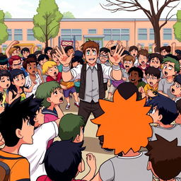 An animated scene depicting a chaotic schoolyard fight among many students, with tense expressions and energetic movements