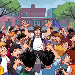 An animated scene depicting a chaotic schoolyard fight among many students, with tense expressions and energetic movements