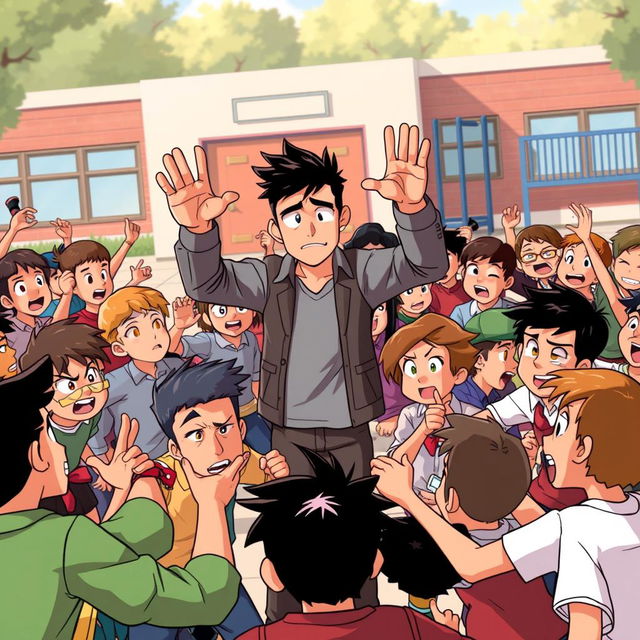 An animated scene depicting a chaotic schoolyard fight among many students, with tense expressions and energetic movements