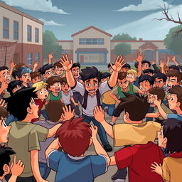 An animated scene depicting a chaotic schoolyard fight among many students, with tense expressions and energetic movements