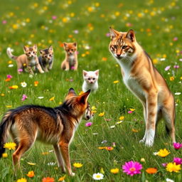 A serene outdoor scene depicting cute kitties playfully frolicking in a lush green meadow filled with colorful wildflowers