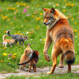 A serene outdoor scene depicting cute kitties playfully frolicking in a lush green meadow filled with colorful wildflowers