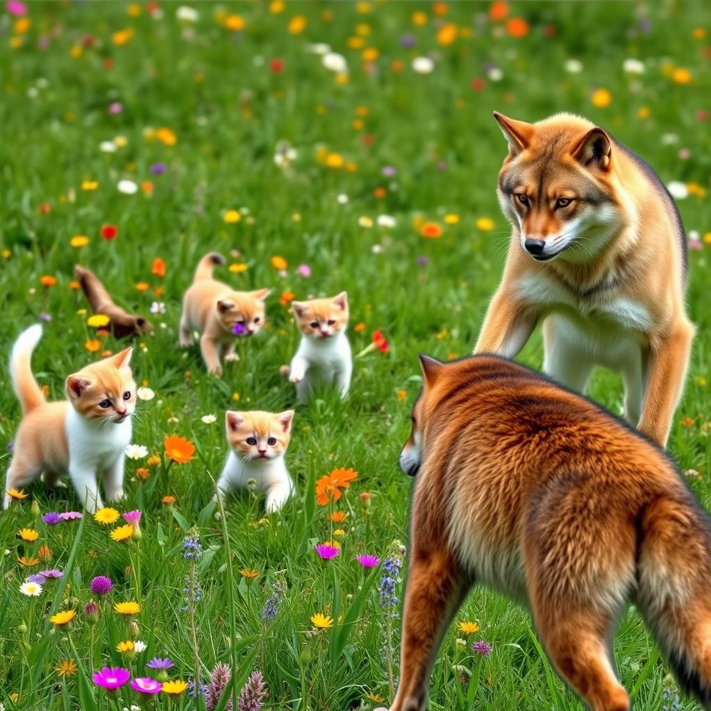 A serene outdoor scene depicting cute kitties playfully frolicking in a lush green meadow filled with colorful wildflowers