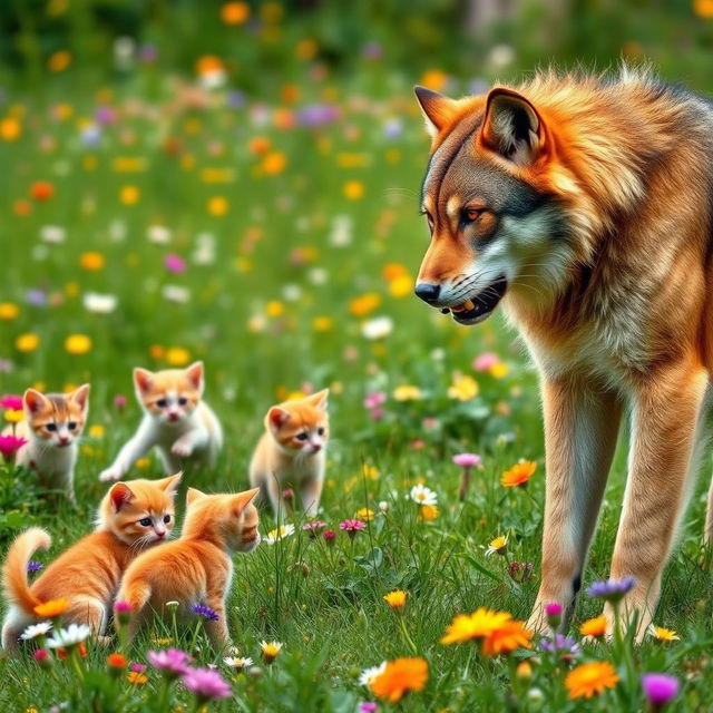 A serene outdoor scene depicting cute kitties playfully frolicking in a lush green meadow filled with colorful wildflowers