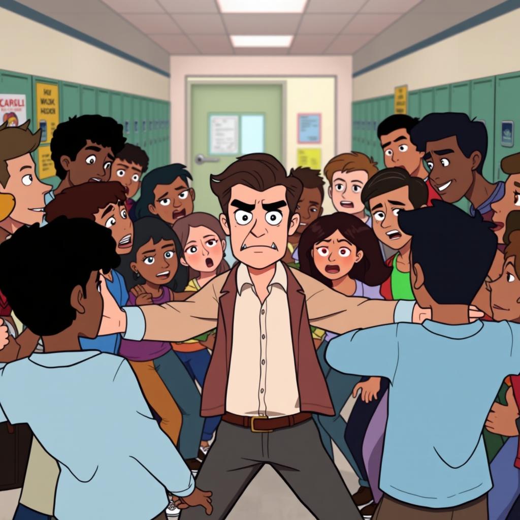 An animated scene depicting a chaotic fight between a diverse group of students in a school environment