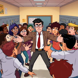 An animated scene depicting a chaotic fight between a diverse group of students in a school environment