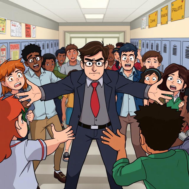 An animated scene depicting a chaotic fight between a diverse group of students in a school environment