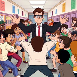 An animated scene depicting a chaotic fight between a diverse group of students in a school environment