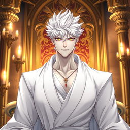 A striking light novel cover featuring a tall male character with pale white skin and a confident demeanor