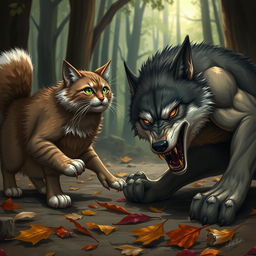 A dramatic scene depicting a fierce battle between a cat and a wolf