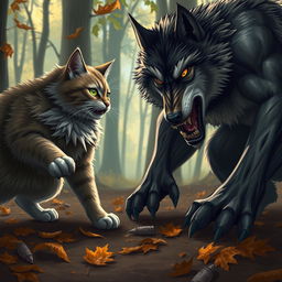 A dramatic scene depicting a fierce battle between a cat and a wolf