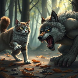 A dramatic scene depicting a fierce battle between a cat and a wolf