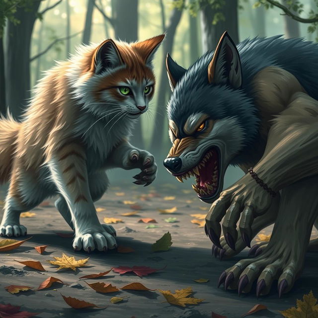 A dramatic scene depicting a fierce battle between a cat and a wolf