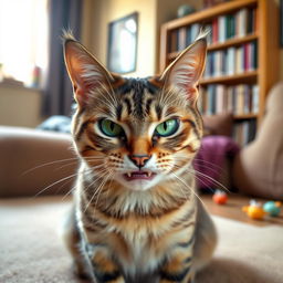 A close-up portrait of an angry cat with bright green eyes and fur bristled, showing sharp teeth