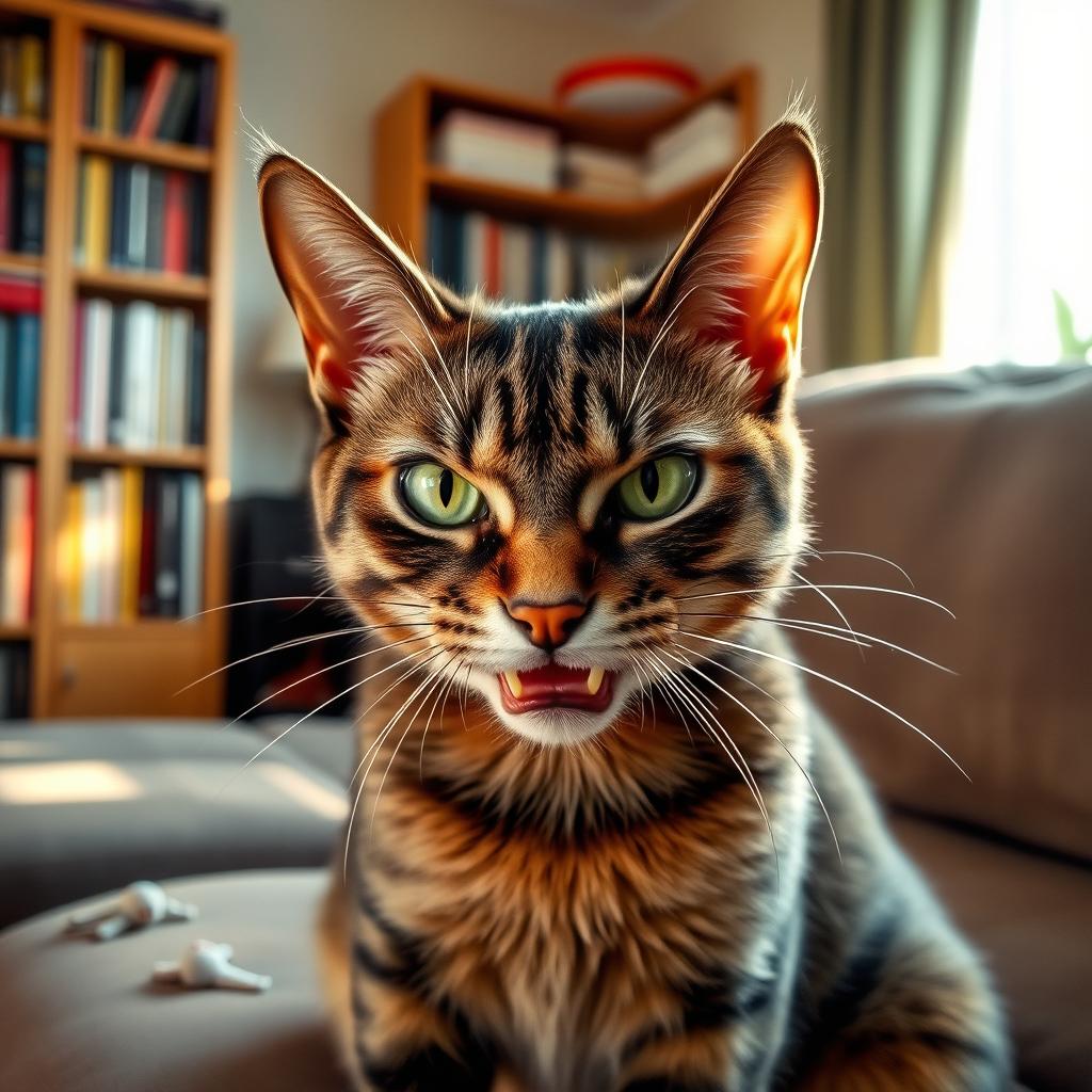A close-up portrait of an angry cat with bright green eyes and fur bristled, showing sharp teeth